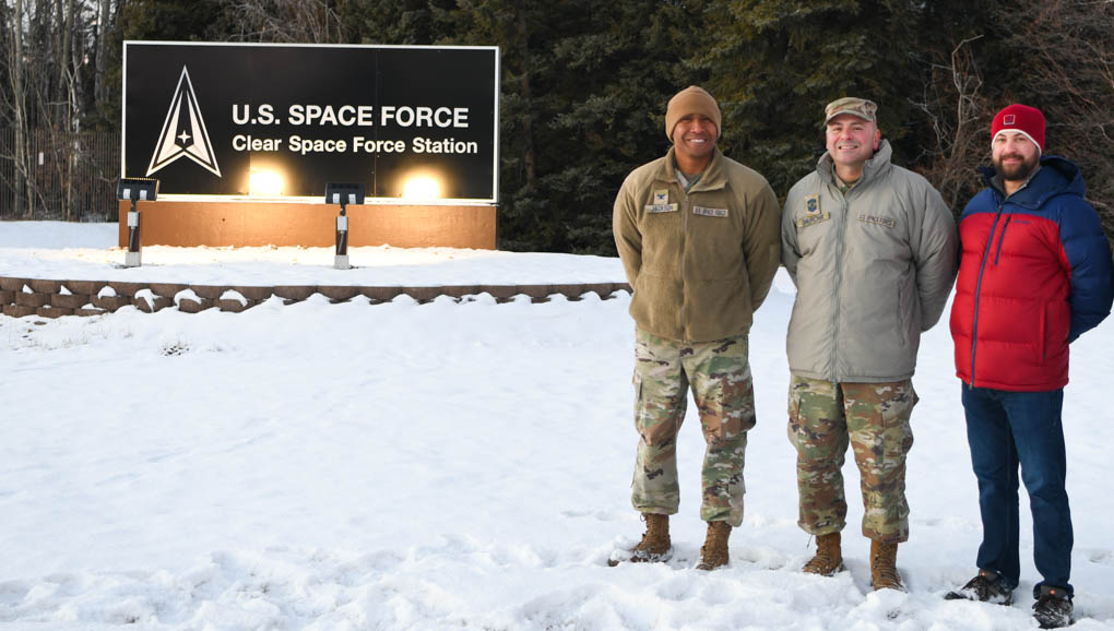 Col. Marcus Jackson, Space Base Delta 2 commander, CMSgt. Charles Shurchay, SBD2 senior enlisted leader, and Mr. Andrew Halldin, SBD2 director of mission support, visited Clear Space Force Station, Alaska, on Nov. 9, 2022.